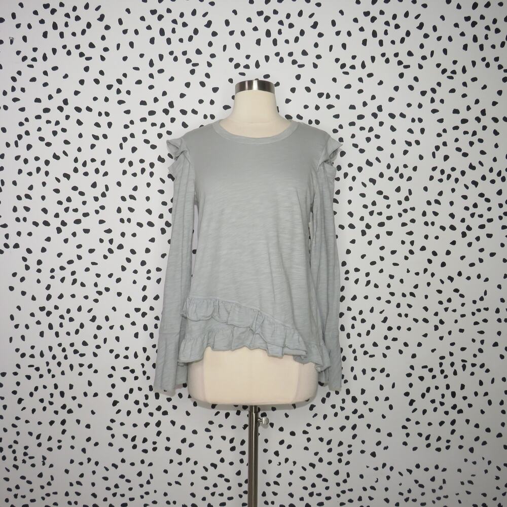 Wilt Gray Slub Ruffle Hem Crossover Long Sleeve Top